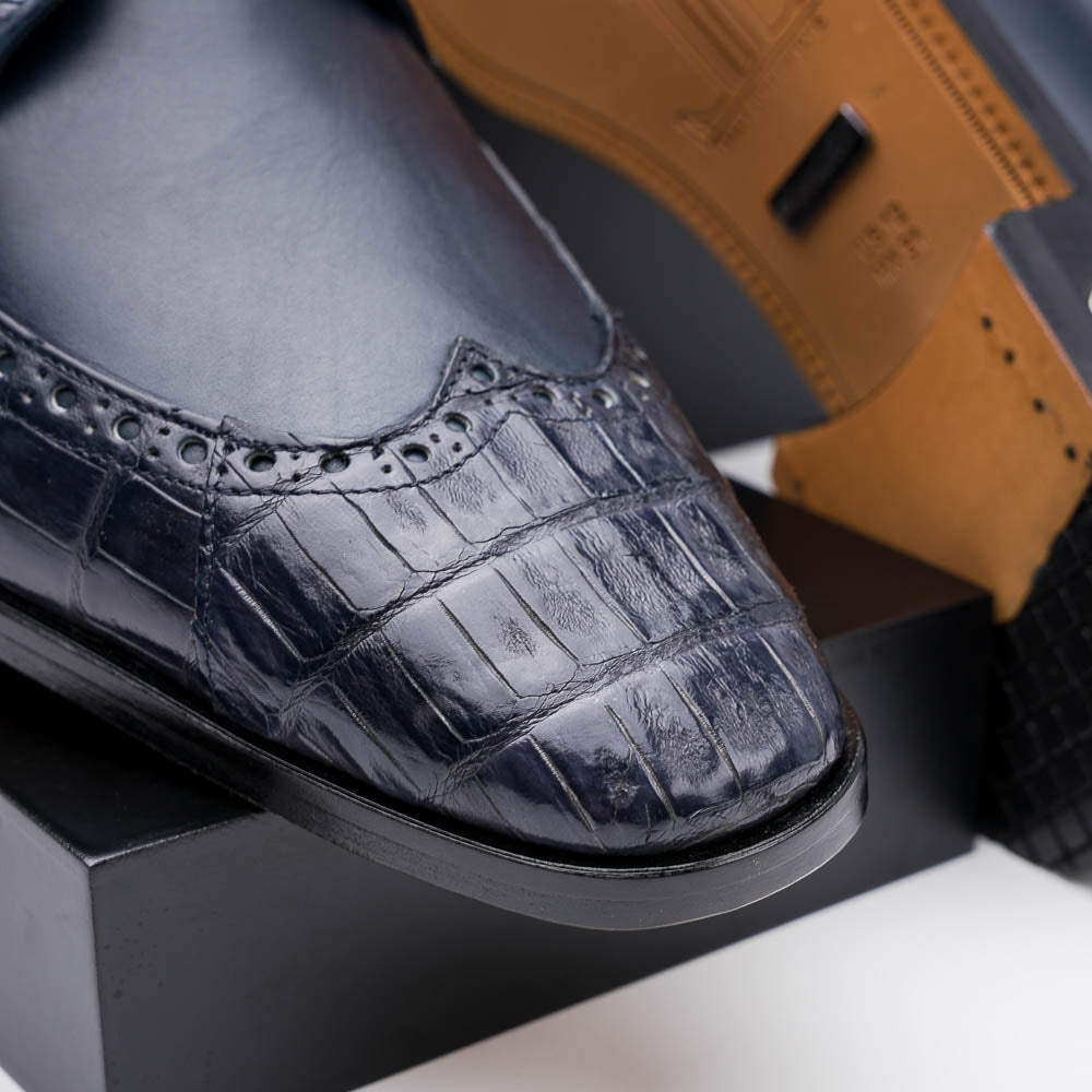 Lombardy Caiman Belly & Calfskin Wingtip Shoes Navy Blue