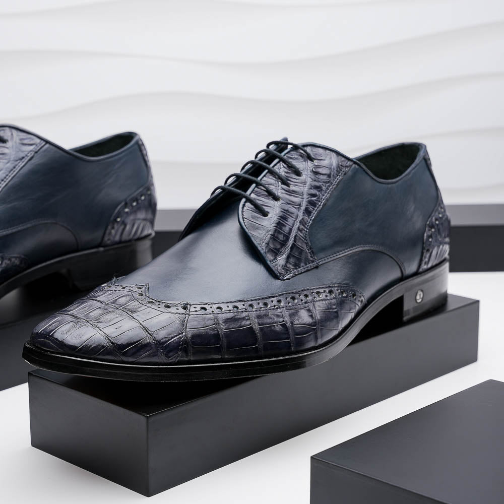 Lombardy Caiman Belly & Calfskin Wingtip Shoes Navy Blue