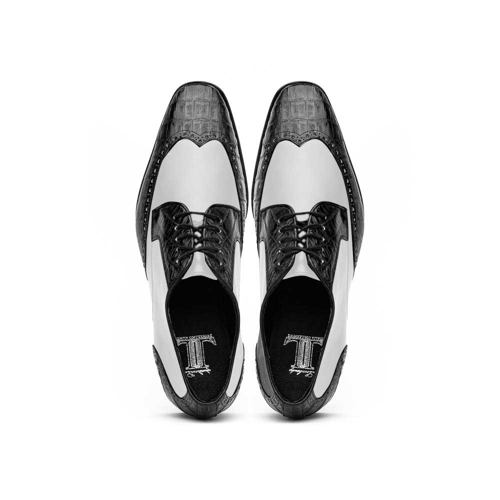 Lombardy Caiman Belly & Calfskin Wingtip Shoes Black/White