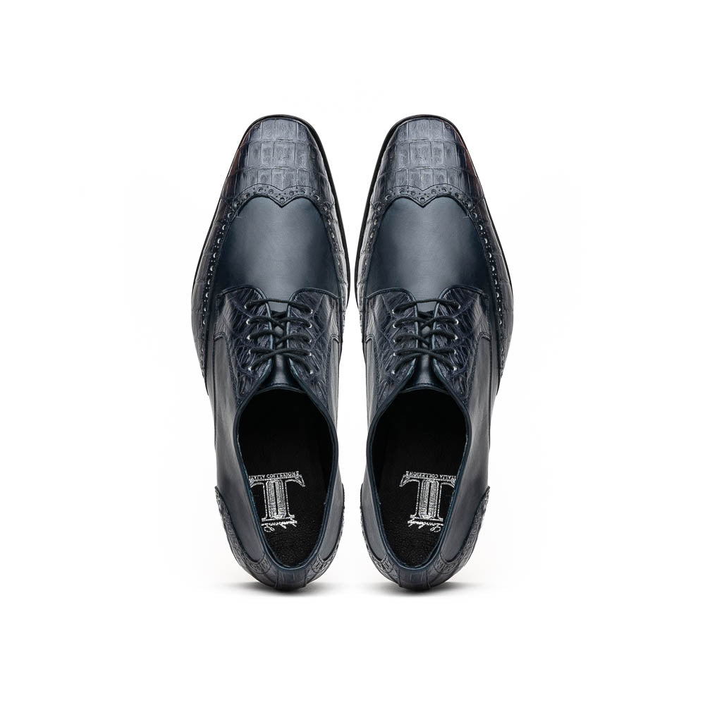 Lombardy Caiman Belly & Calfskin Wingtip Shoes Navy Blue
