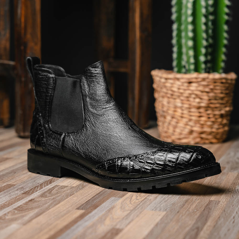 Lombardy Caiman Belly & Smooth Ostrich Chelsea Boots Black