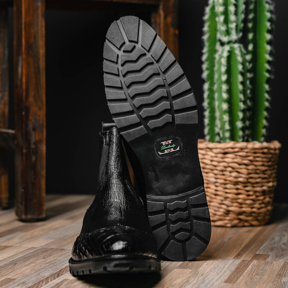 Lombardy Caiman Belly & Smooth Ostrich Chelsea Boots Black