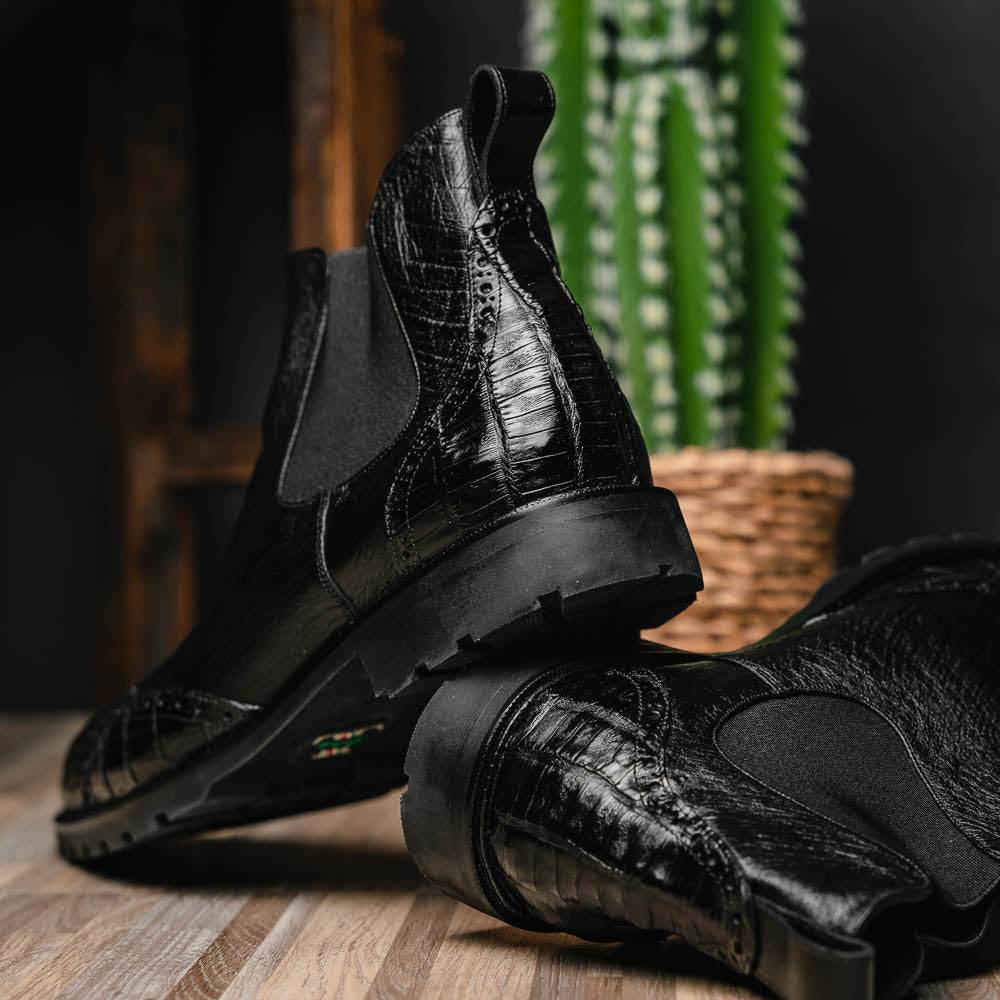 Lombardy Caiman Belly & Smooth Ostrich Chelsea Boots Black
