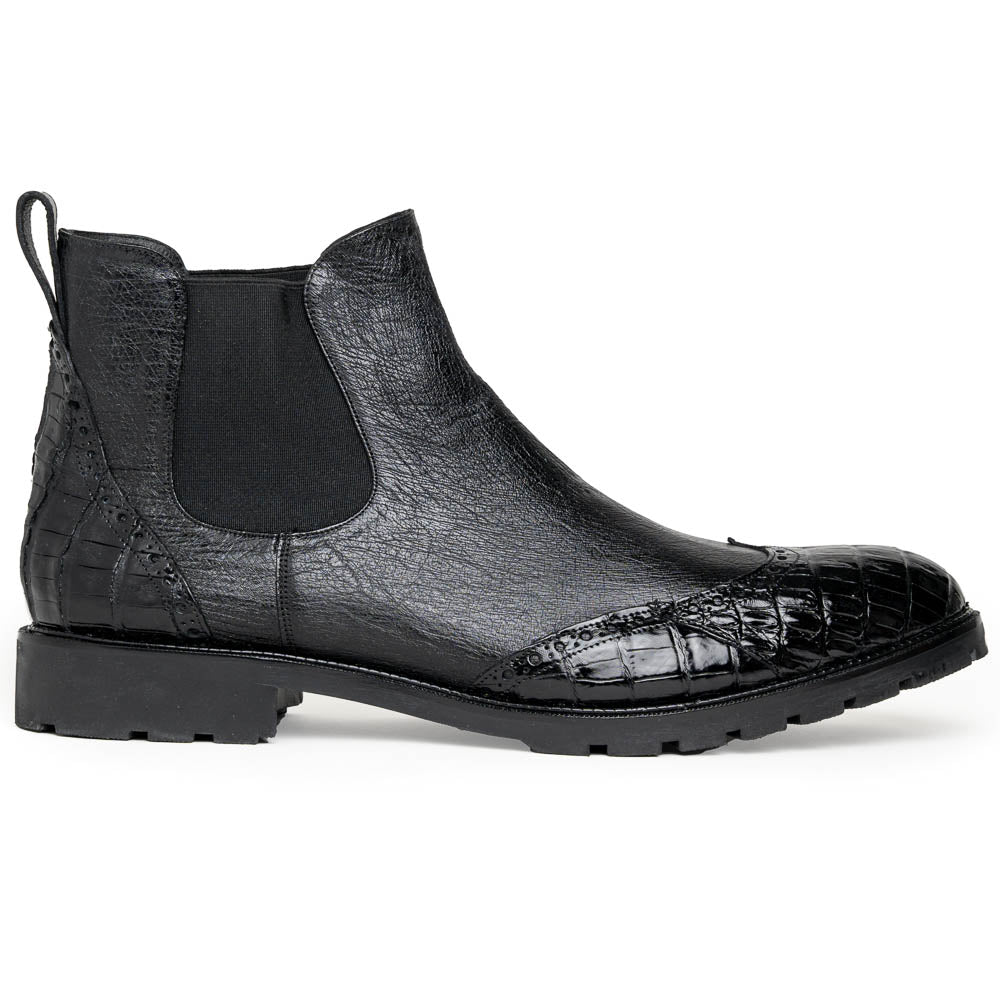 Lombardy Caiman Belly & Smooth Ostrich Chelsea Boots Black