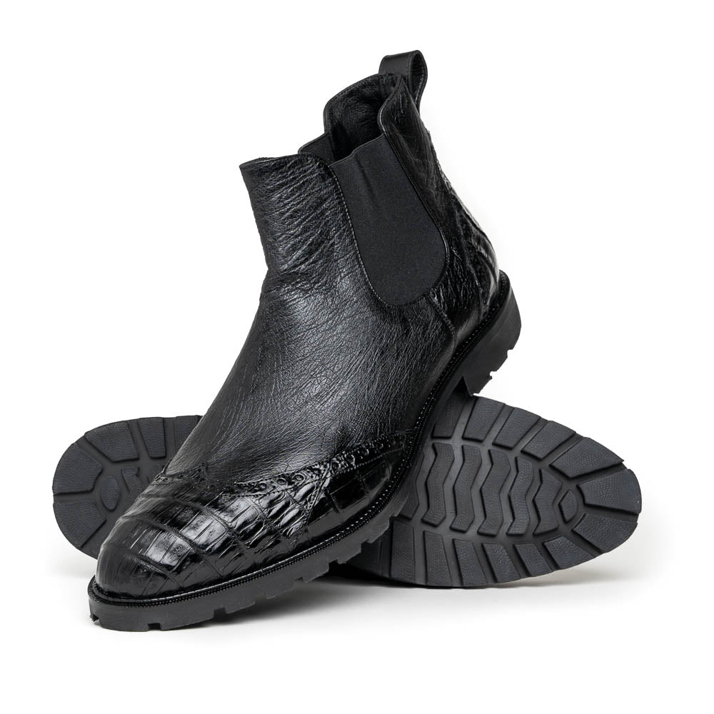 Lombardy Caiman Belly & Smooth Ostrich Chelsea Boots Black