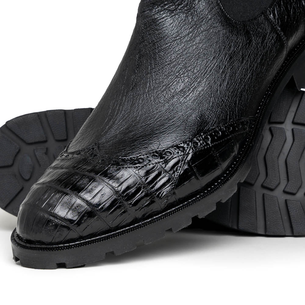 Lombardy Caiman Belly & Smooth Ostrich Chelsea Boots Black