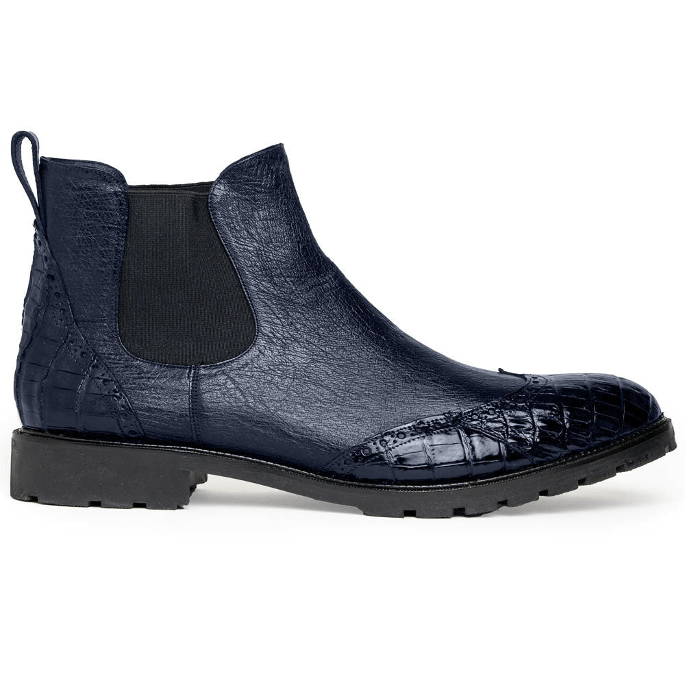 Lombardy Caiman Belly & Smooth Ostrich Chelsea Boots Navy Blue