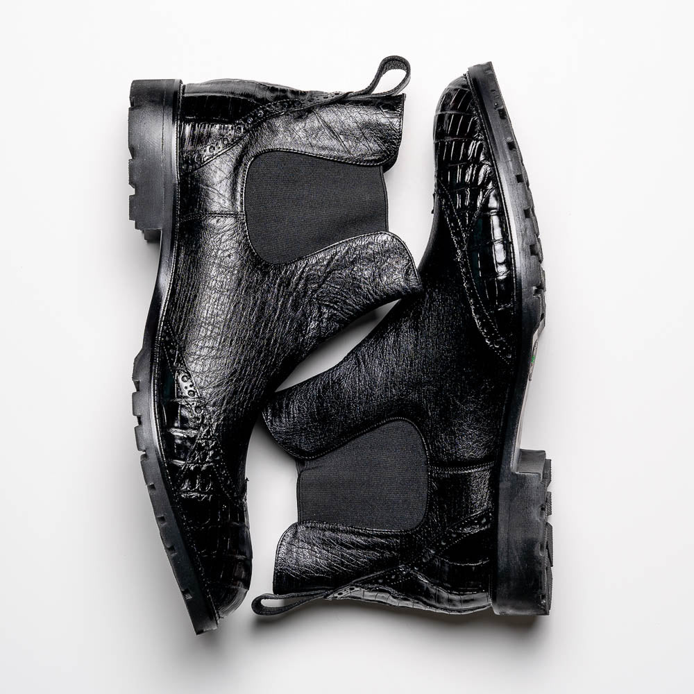 Lombardy Caiman Belly & Smooth Ostrich Chelsea Boots Black