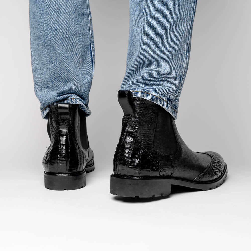 Lombardy Caiman Belly & Smooth Ostrich Chelsea Boots Black