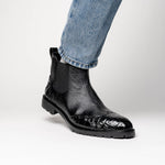 Lombardy Caiman Belly & Smooth Ostrich Chelsea Boots Black