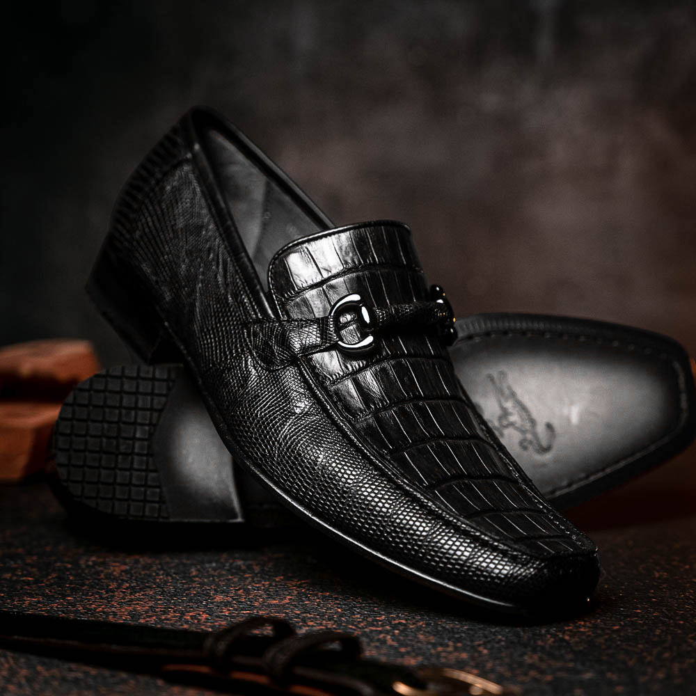 Los Altos Caiman & Lizard Bit Loafers Black