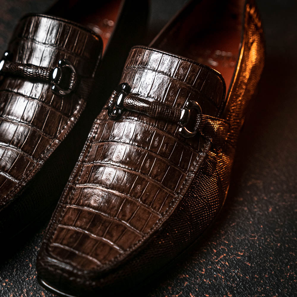Los Altos Caiman & Lizard Bit Loafers Brown Size 9.5