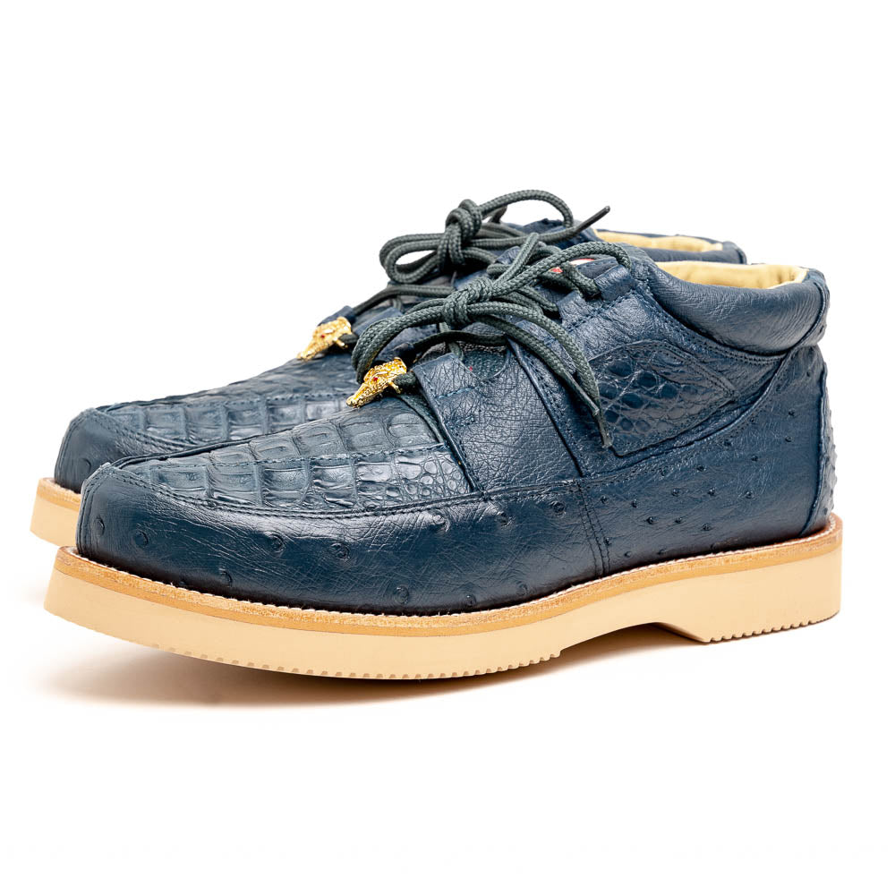 Los Altos Men's Jean Blue Caiman Crocodile And Ostrich Leather Casual Lace-Up Shoes – D Width