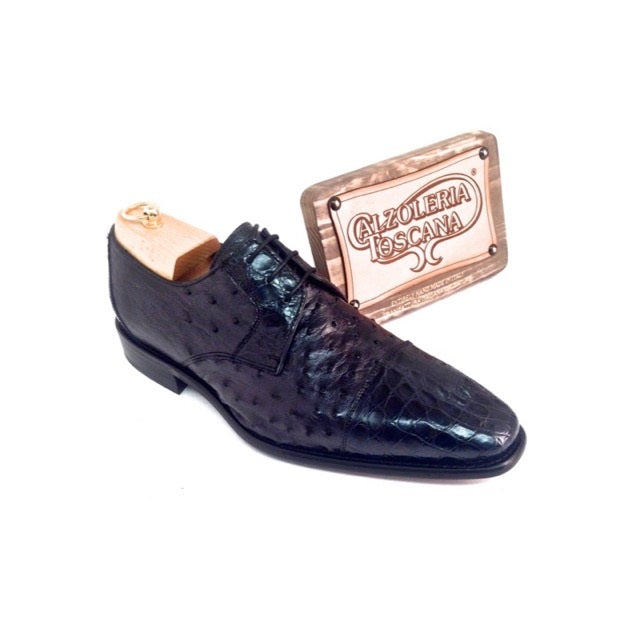 Calzoleria Toscana 2765 Caiman & Ostrich Cap Toe Shoes Blue
