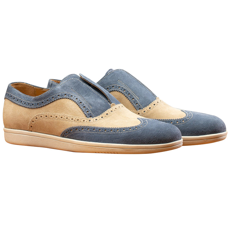 Calzoleria Toscana 4445 Suede Wingtip Slip Ons Blue Jean / Cream