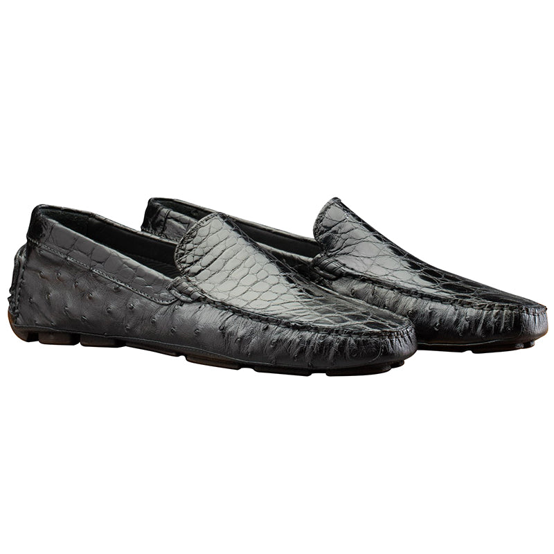 Calzoleria Toscana 8675 Ostrich & Crocodile Driving Shoes Black