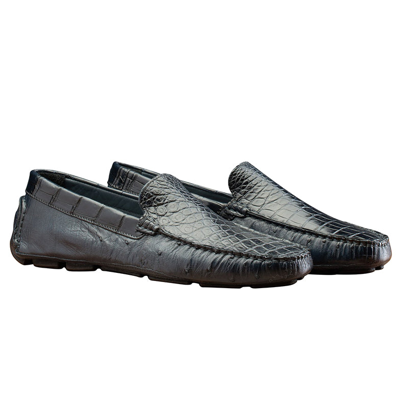 Calzoleria Toscana 8675 Ostrich & Crocodile Driving Shoes Blue
