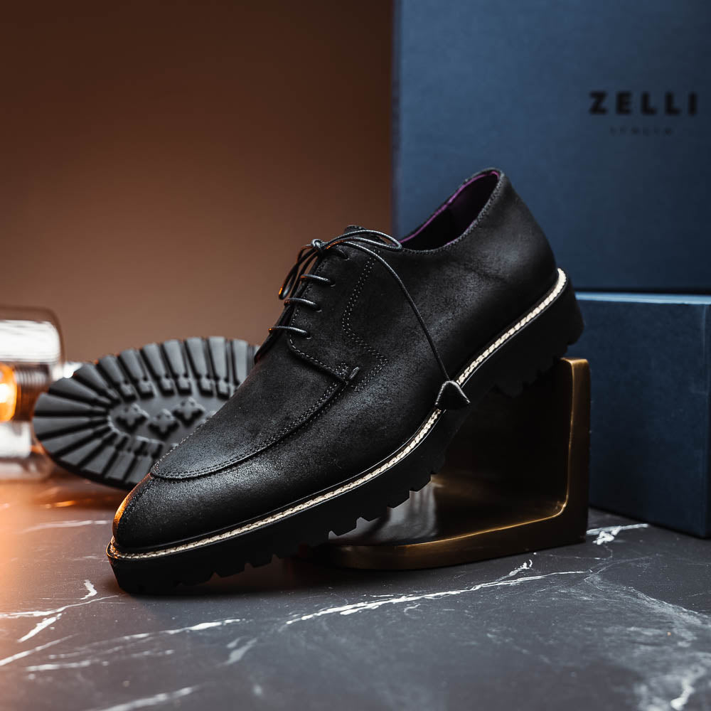 Zelli Campo Suede Goatskin / Wax Lace-up Shoes Black (26-224-BLK)