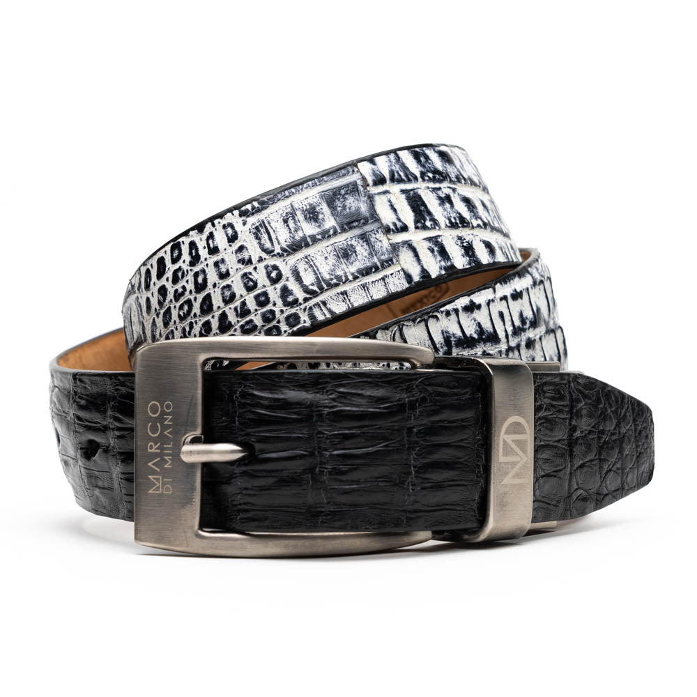 Marco Di Milano Caribe Caiman Crocodile Belt Black / Newspaper