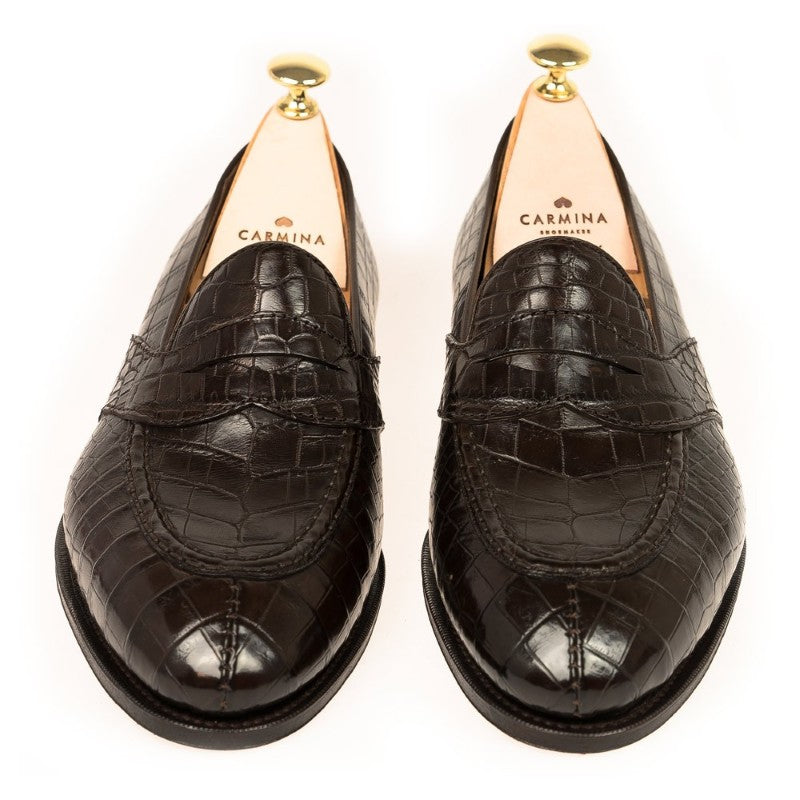 Carmina Crocodile Full Strap Penny Loafers 80585 Uetam Brown