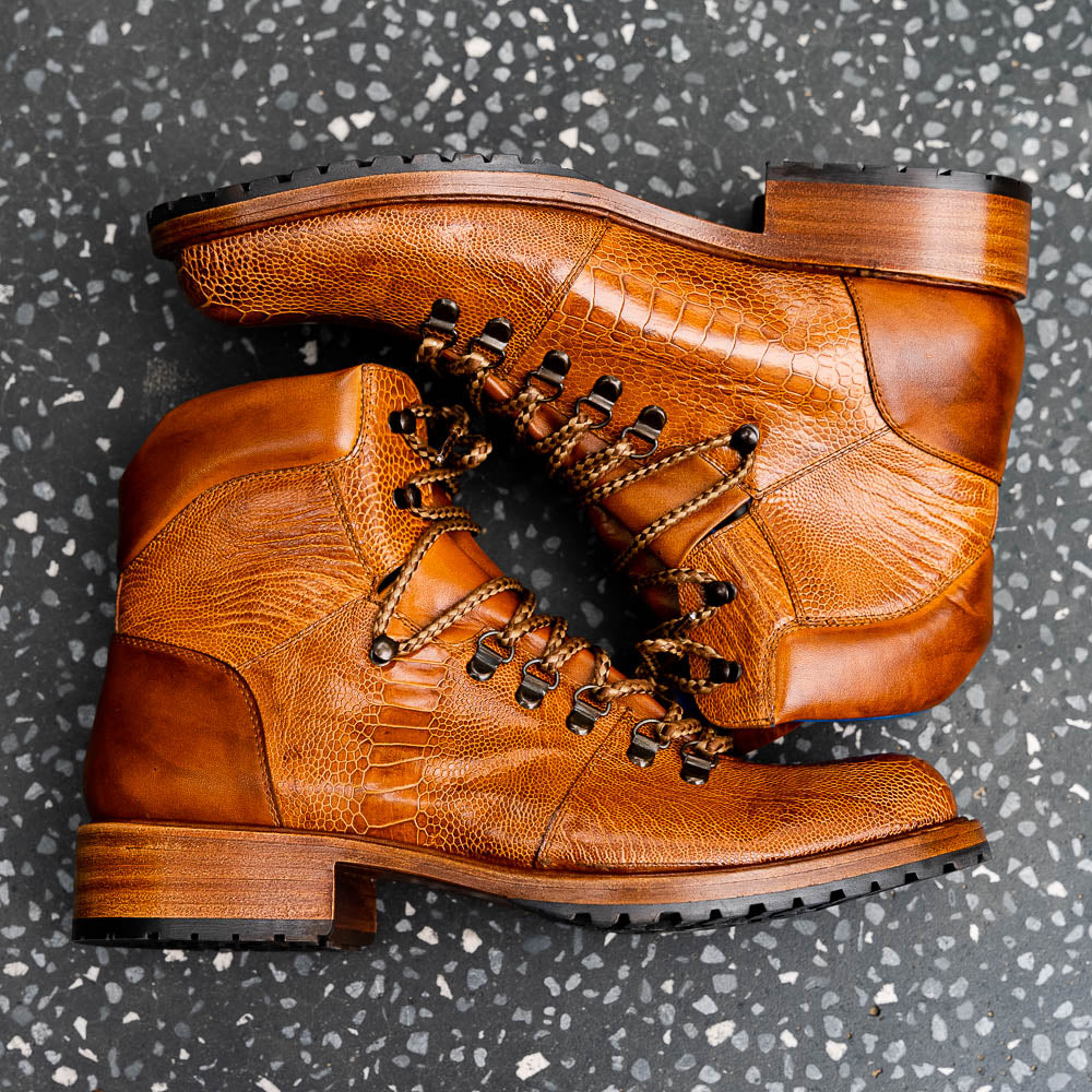 Belvedere Como Genuine Ostrich Leg / Italian Leather Hiker Boots Ant Brandy