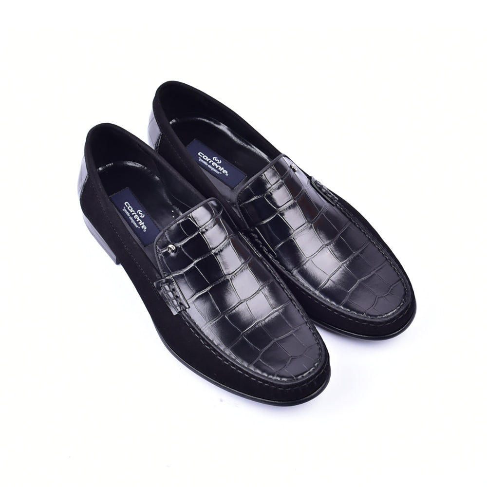 Corrente 3898C Handsewn Suede / Crocodile Print Loafers Black