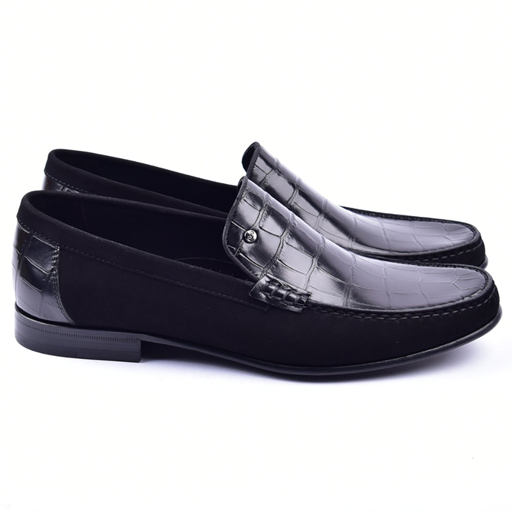 Corrente 3898C Handsewn Suede / Crocodile Print Loafers Black