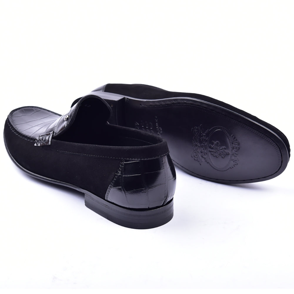 Corrente 3898C Handsewn Suede / Crocodile Print Loafers Black