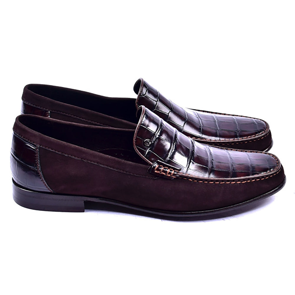 Corrente 3898C Handsewn Suede / Crocodile Print Loafers Brown