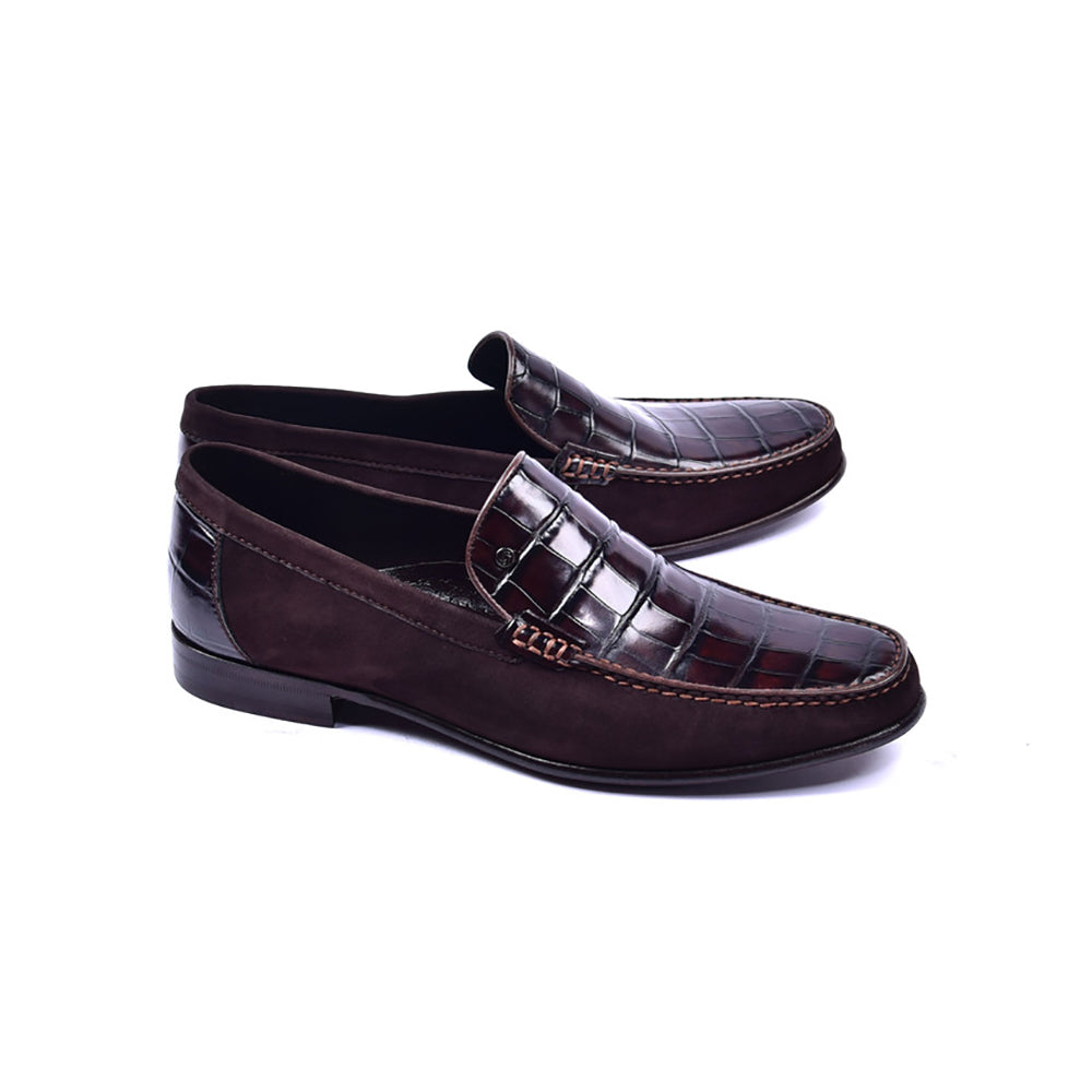 Corrente 3898C Handsewn Suede / Crocodile Print Loafers Brown