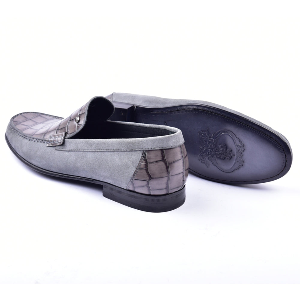Corrente 3898C Handsewn Suede / Crocodile Print Loafers Grey