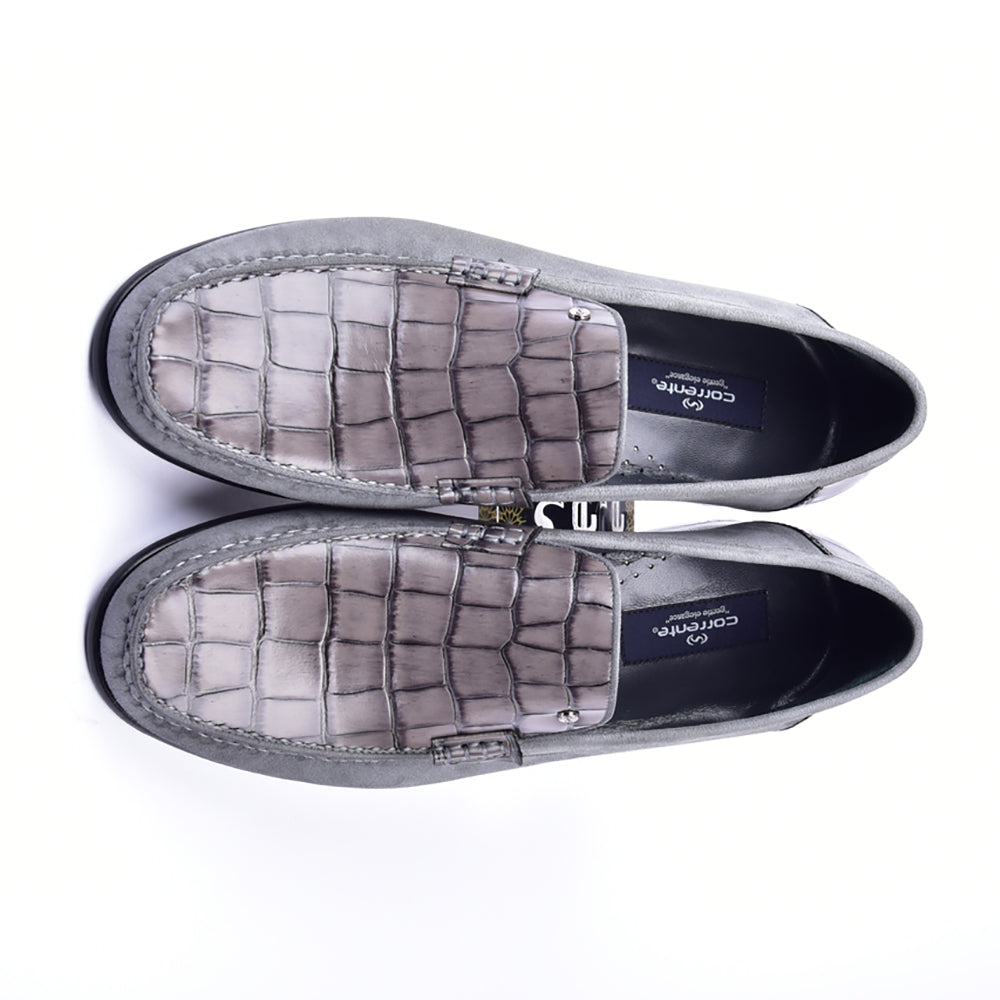Corrente 3898C Handsewn Suede / Crocodile Print Loafers Grey