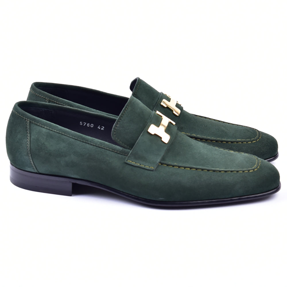 Corrente 5760 Suede Gold H Buckle Loafers Green