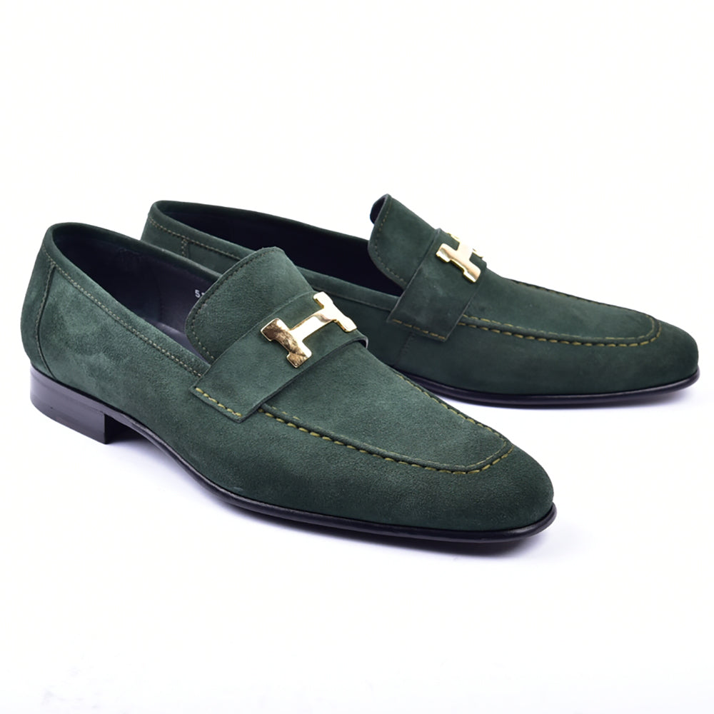 Corrente 5760 Suede Gold H Buckle Loafers Green