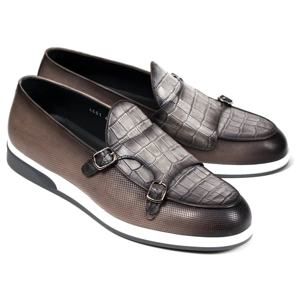 Corrente C0016-4661SP Double Monk Strap Loafers Gray