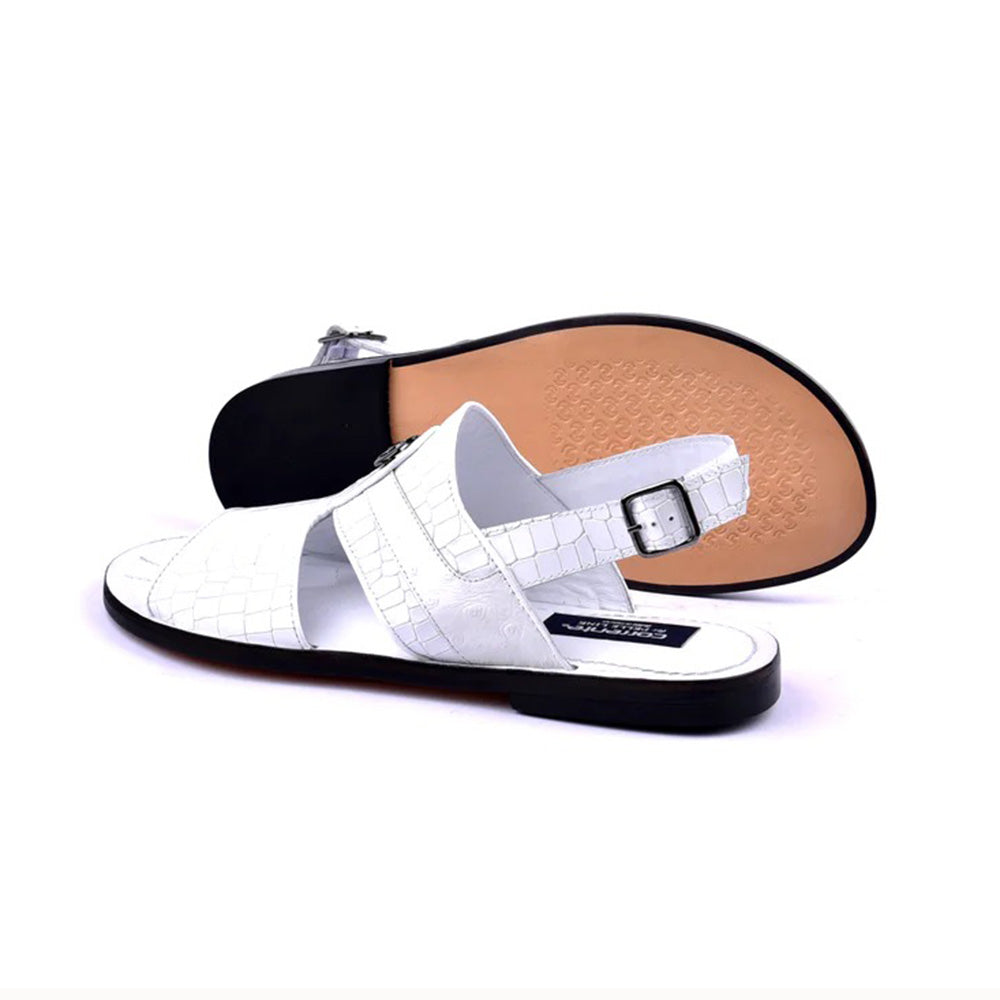 Corrente Embossed Leather & Ostrich Sandals White