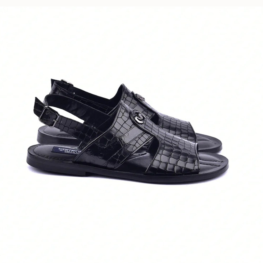 Corrente Embossed Leather & Ostrich Sandals Black