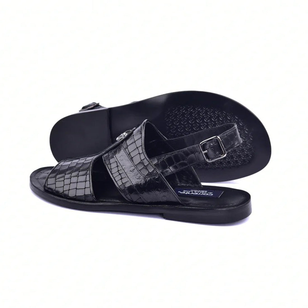 Corrente Embossed Leather & Ostrich Sandals Black