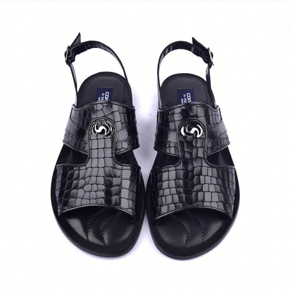 Corrente Embossed Leather & Ostrich Sandals Black