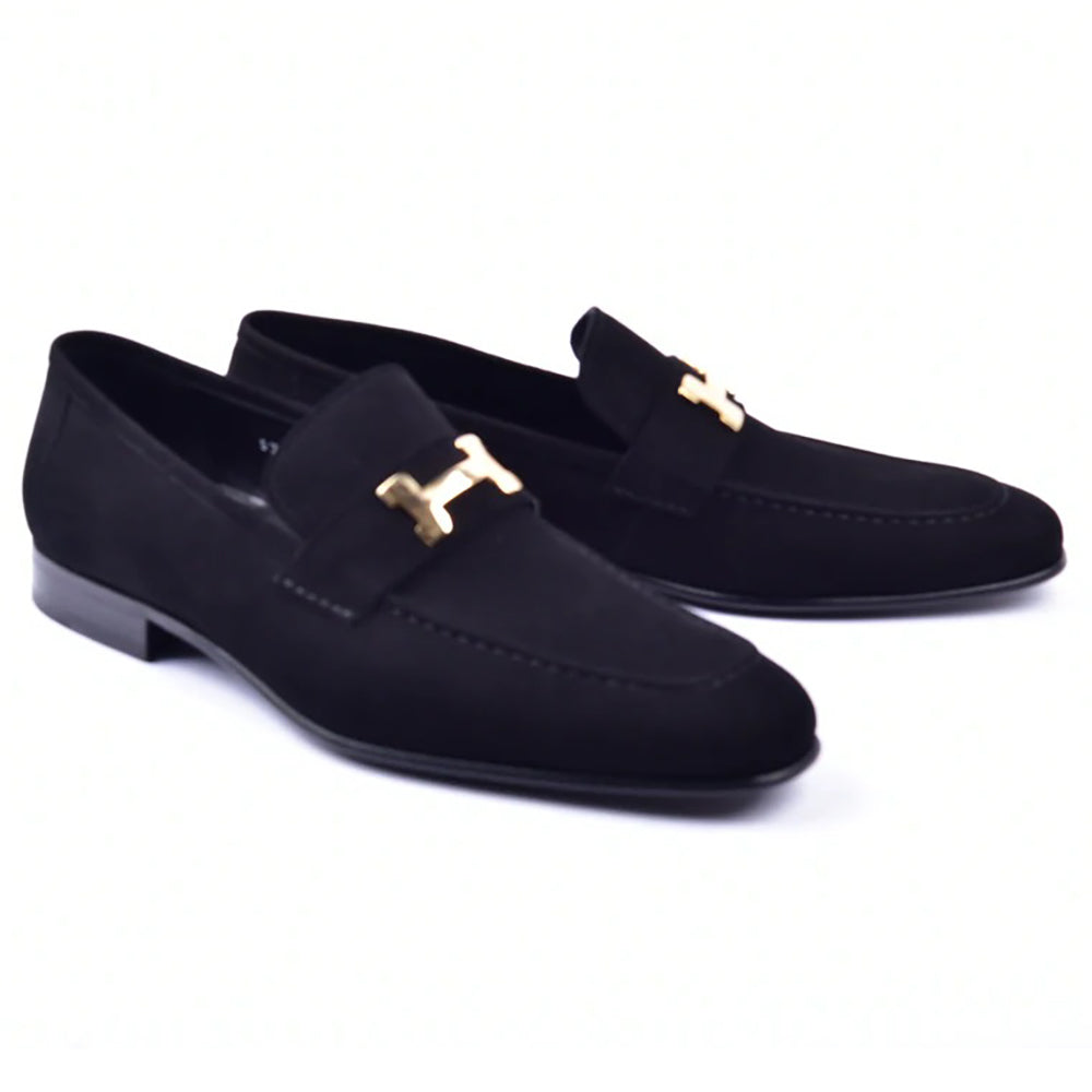 Corrente C02003-5760 H Buckle Suede Loafers Black