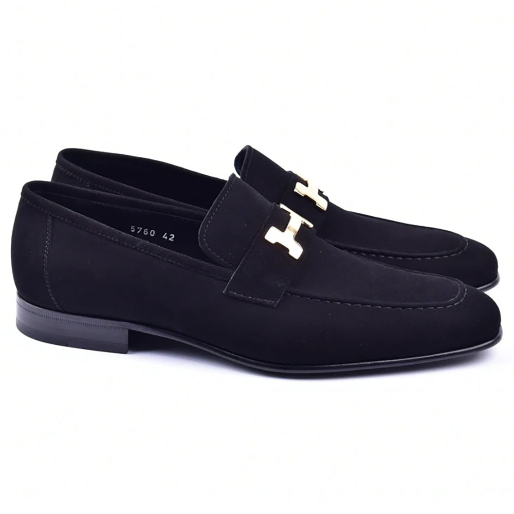Corrente C02003-5760 H Buckle Suede Loafers Black
