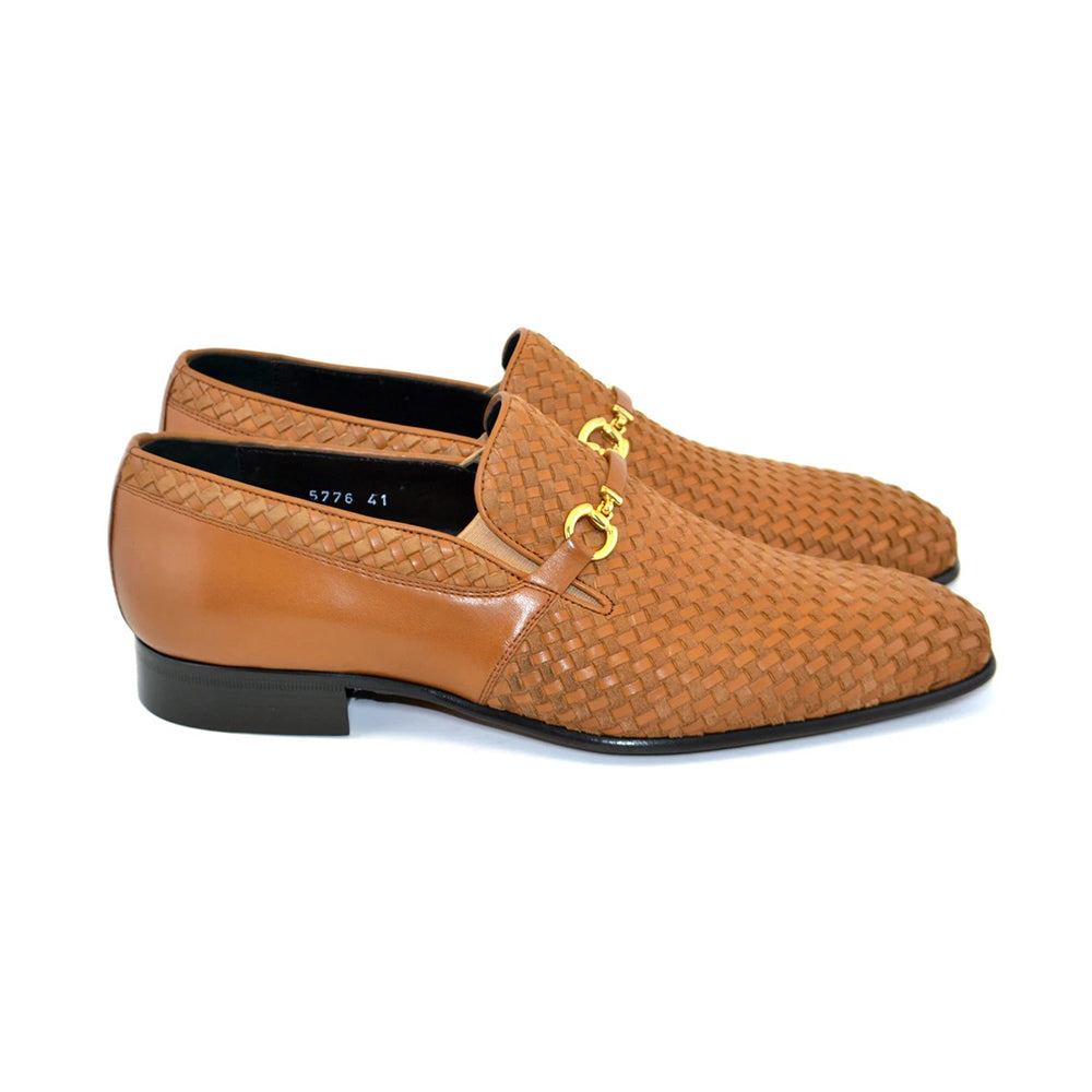 Corrente C024-5776 Buckle Woven Loafer Shoes Tan