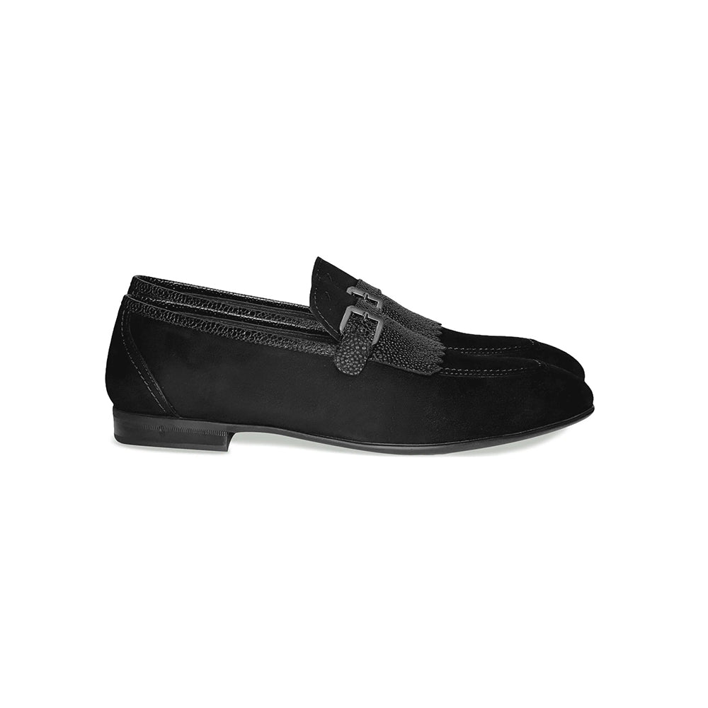 Corrente C025-4728S Suede Kilttie Buckle Loafer Shoes Black