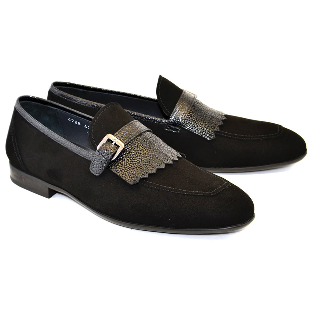 Corrente C025-4728S Suede Kilttie Buckle Loafer Shoes Black