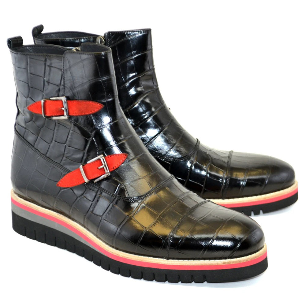 Corrente C033-5784 Croco Print Zipper Boots Black