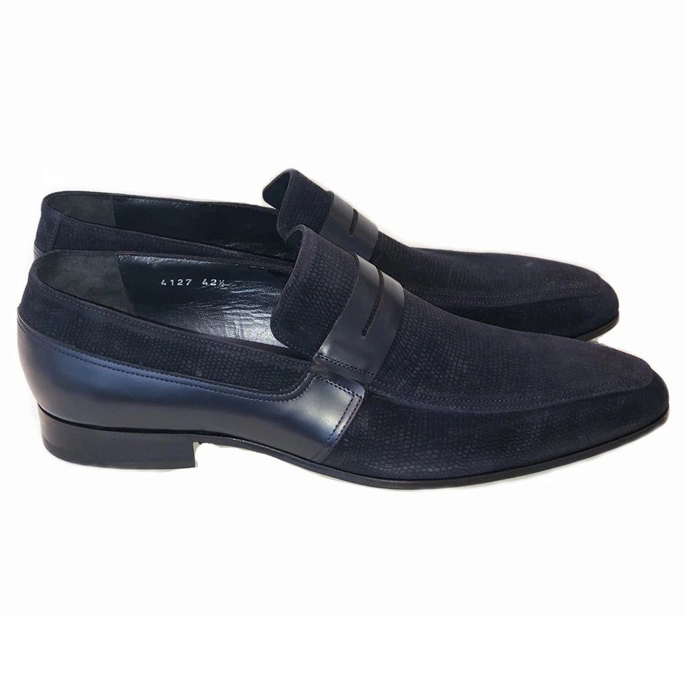 Corrente C143-4127 Printed Suede Loafers Dark Navy
