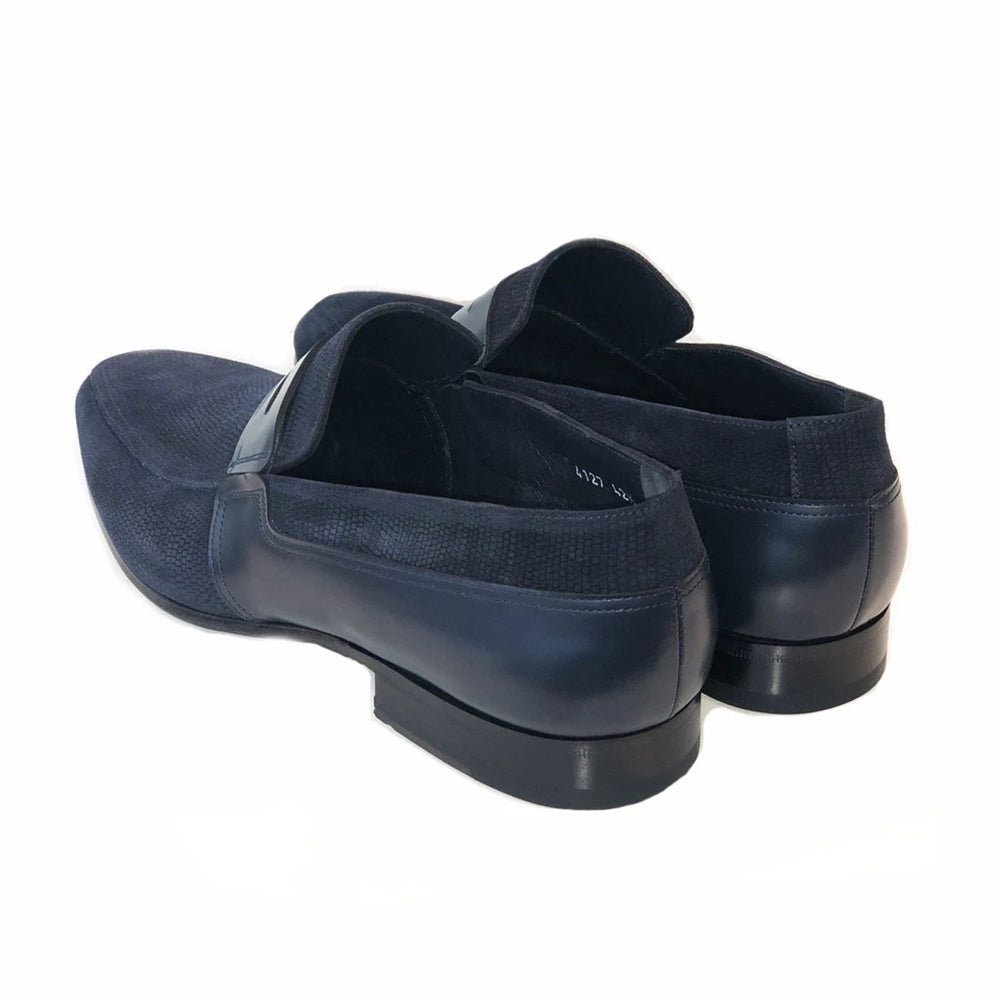 Corrente C143-4127 Printed Suede Loafers Dark Navy