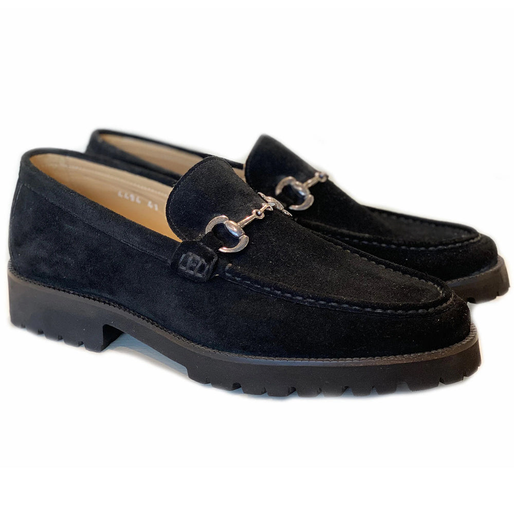 Corrente C180-4494 Suede Buckle Lug Sole Loafers Black
