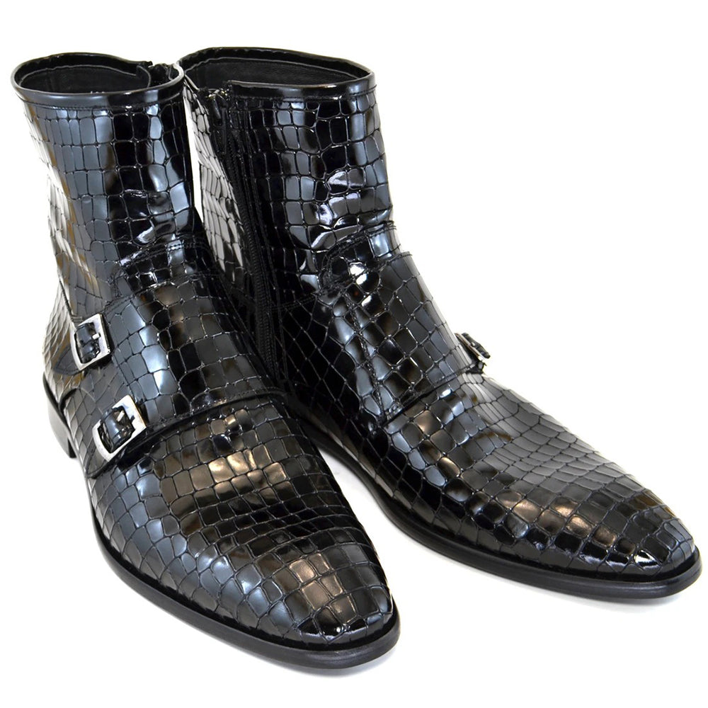 Corrente C2033-4604 Croc Print Zipper Side Buckle Boots Black