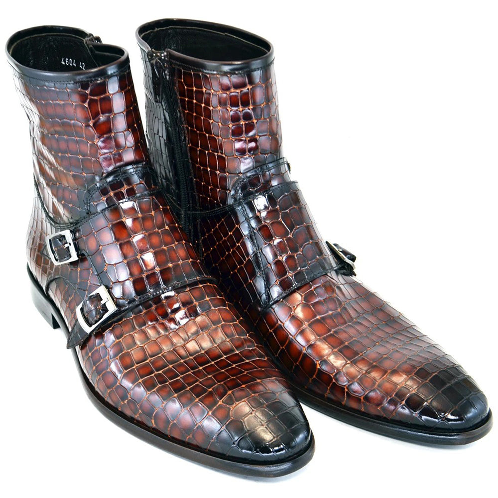 Corrente C2034-4604 Croc Print Zipper Side Buckle Boots Cognac